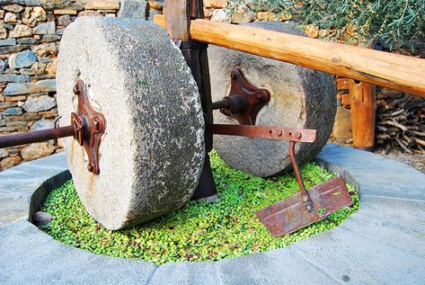 Traditional Cretan olive press Film Sketch, Historic Kitchen, Castle Floor Plan, Syrian Food, Fruit Press, Olive Press, Crete Island, Happy Kitchen, First Fathers Day Gifts