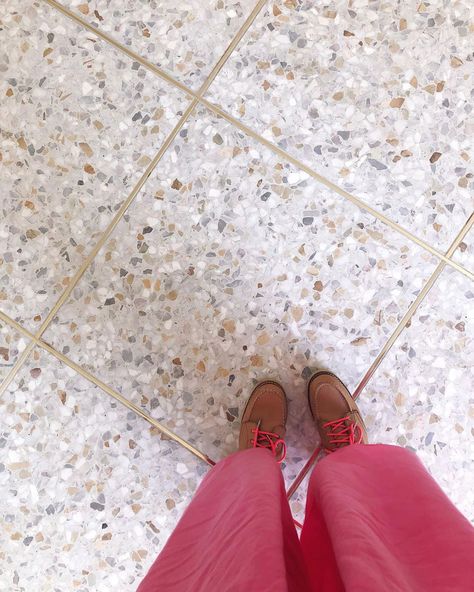 alabaster large marble + gold chip venetian terrazzo, Concrete-Collaboration | Oh Joy Kitchen | via Emily Henderson Design Terrazo Tile, Studio Mcgee Bathroom, Concrete Collaborative, Joy Cho, Beveled Subway Tile, Interior Tiles, Tile Stairs, Penny Tile, Terrazzo Tile