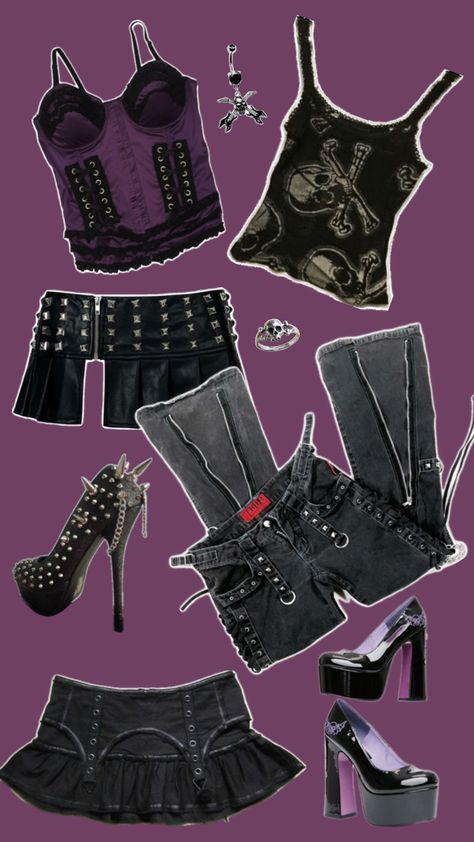 mini skirts and jeans with grommets 💕 cute bustier/corset top 🎀 heels with spikes ✨ Purple Grunge Outfits, Black Aesthetic Outfit, Purple And Black Aesthetic, Purple Goth, Outfit Grunge, Black Grunge, 2000s Vintage, Punk Outfits, Goth Punk