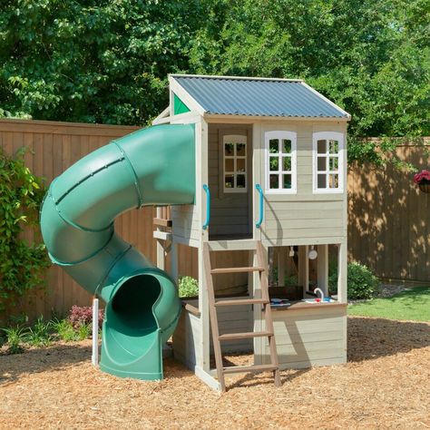 KidKraft Cozy Escape 7'25" x 10'6" Playhouse & Reviews | Wayfair.ca Cozy Escape Playhouse, Two Story Playhouse, Childrens Playhouse, Cafe Window, Wall Bench, Playhouse Outdoor, Play Structure, Water Based Stain, Rock Wall