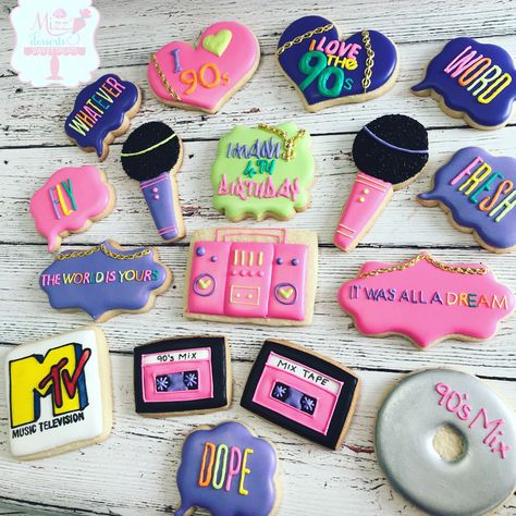 90s Hip Hop Cookies, I Love The 90s Party, 90s Sugar Cookies, 90s Theme Cookies, Two Legit To Quit Birthday Cake, Cookies 50th Birthday, 90s Cookies, 90s Birthday Party Theme For Adults, 90s Birthday Party Theme