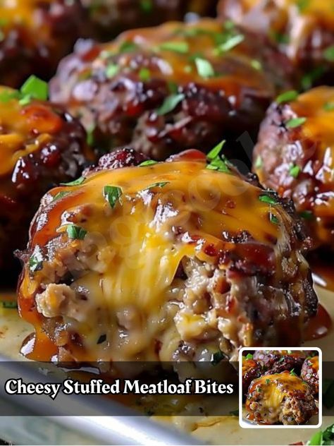 Cheesy Stuffed Meatloaf Bites:

1 pound ground beef
1/2 cup breadcrumbs
1/4 cup milk
1 large egg
1 small onion, finely chopped
2 cloves garlic, minced
1 teaspoon salt
1/2 teaspoon black pepper
1 teaspoon Worcestershire sauce
1/2 cup ketchup
1 tablespoon mustard
1/2 cup grated cheddar cheese
1/4 cup fresh parsley, chopped (plus extra for garnish)

Preheat and Prepare:
Preheat your oven to 375°F (190°C). Line a baking sheet with parchment paper.

Mix Meatloaf Ingredients:
In a large bowl, combine ground beef, breadcrumbs, milk, egg, onion, garlic, salt, pepper, and Worcestershire sauce. Mix well until thoroughly combined.

Form Meatloaf Bites:
Take a small portion of the meat mixture and flatten it in your hand. Place a small amount of grated cheddar cheese in the center, then mold the meat Cheesey Meatloaf, Cheeseburger Meatballs, Meatloaf Bites, Cheesy Meatloaf, Stuffed Meatloaf, Meatloaf Ingredients, Meatloaf Muffins, Soul Food Dinner, Cheese Muffins