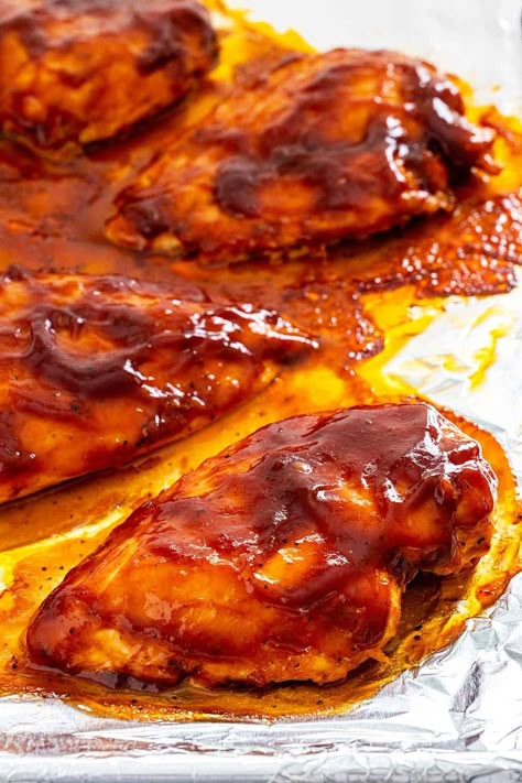 Baked BBQ Chicken Breast (30 Minutes) - Jessica Gavin Bbq Chicken Pan Cooked, Bbq Chicken On Stove Top, Barbecue Chicken Breast In The Oven, Baked Barbeque Chicken Breast, Baked Bbq Chicken Boneless, Bbq Chicken Breast Oven, Barbeque Chicken Breast, Bbq Chicken Oven Baked, Oven Baked Barbeque Chicken