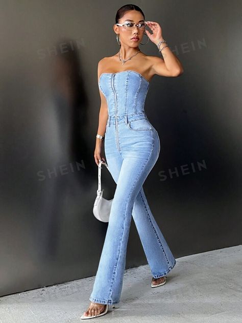 SHEIN ICON Women Summer Zipper Front Strapless Flared Denim Jumpsuit | SHEIN USA Strapless Jean Jumpsuit Outfit, Denim Strapless Jumpsuit, Jean Jumpsuit Outfit, Jeans Jumpsuits For Women, Flared Denim, Shein Icon, Jumpsuit Outfit, Strapless Jumpsuit, Denim Overalls