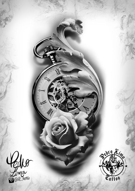 Rose And Clock Tattoo, Sextant Tattoo, Tato Jam, Clock And Rose Tattoo, Rose Clock, Realistic Rose Tattoo, Filigree Tattoo, At Work, Compass Tattoo Design