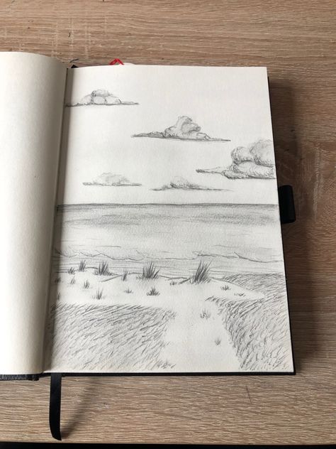 Sky Pencil Drawing, Ocean Pencil Drawing, View Sketch, Sky Drawing Pencil, Sky Sketch Pencil, Sky Drawings, Ocean Drawing Pencil, Beach View Drawing, Beach Sketch Simple