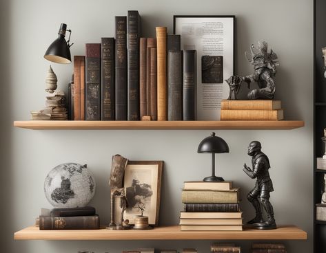 It's The Decor Masculine Shelf Styling, Bookshelf On Wall, Shelf Fillers, Bookshelves Library, Bedroom Masculine, Unique Bookshelf, Unique Bookshelves, Mens Room, Bookshelf Styling