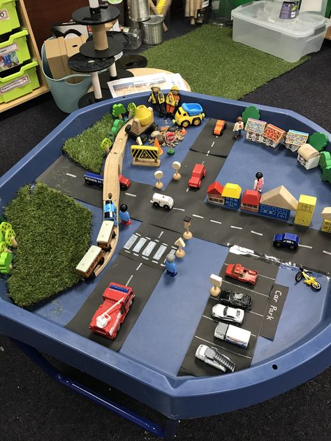 Train Tuff Tray Ideas, Local Area Eyfs, Car Tuff Tray Ideas, Car Tuff Tray, Nursery Room Ideas Childcare, Car Tracks For Kids, Tuff Tray Ideas Toddlers, Tuff Spot, Eyfs Classroom