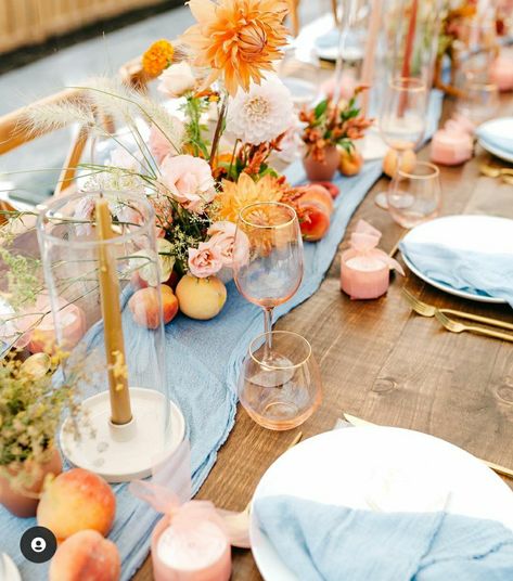 Blue Pink Orange Tablescape, Bright Color Tablescape, Blue And Peach Tablescape, Apricot Table Setting, Blue Yellow Peach Color Palette, Pink Orange Blue Wedding Theme, Grapefruit Wedding Decor, Apricot Crush Wedding Theme, Sunset Table Setting