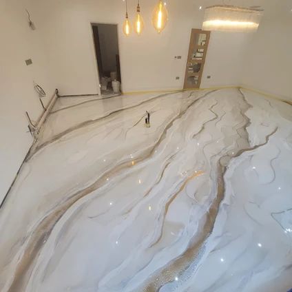 White Marble Epoxy Resin Stairs | Flooring Gallery Resin Stairs, Stairs Flooring, Concrete Floors In House, Epoxy Floor Designs, Epoxy Resin Flooring, Metallic Epoxy Floor, White Marble Floor, Floor Designs, Flooring For Stairs