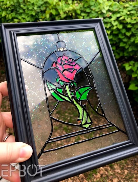 Craft Night Projects, Beauty And The Beast Diy, Disney Stained Glass, Deco Disney, Stained Glass Rose, Stained Glass Paint, Glass Rose, Stained Glass Diy, Stained Glass Crafts