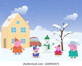 Peppa pig, George, and their parent pigs play with snow in winter and make a snowman. Pig Photos, Pig Kitchen Decor, Home Clipart, Pig Kitchen, Pig Images, Peppa Pig George, Happy Pig, Pig Character, Pig Illustration