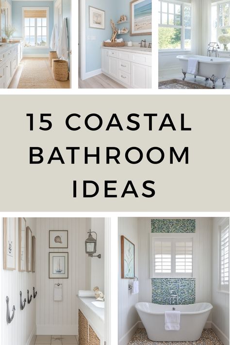 Make a stunning coastal bathroom with these tips and decor ideas. Coastal Gray Bathroom, Budget Bathroom Decor, Casual Bathroom Ideas, Navy Coastal Bathroom, Coastal Bathroom Paint Ideas, Lake Home Bathroom Ideas, Bathroom Coastal Modern, Timeless Coastal Bathroom, Brushed Nickel Bathroom Fixtures Coastal