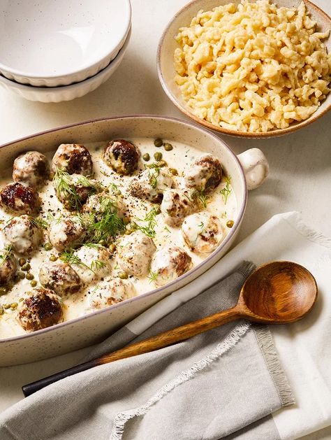 german-meatballs-caper-cream-sauce-RU345347 Caper Cream Sauce, German Meatballs, Fluffiest Cinnamon Rolls, Cozy Night, German Food, Cream Sauce, Night In, Meatballs, Ground Beef