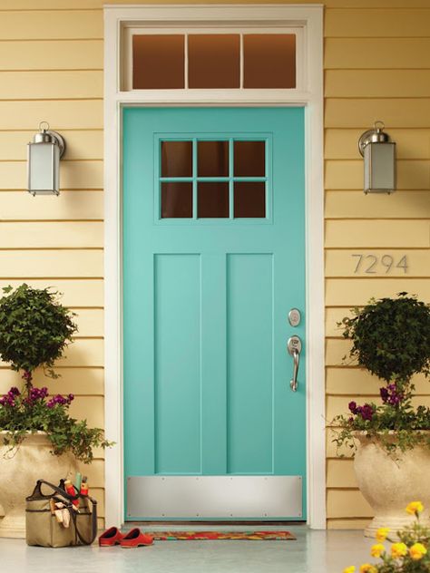 front door is Benjamin Moore San Clemente Teal #730 Yellow House Front Door, Bold Front Door Colors, Bold Front Door, Bright Front Doors, Best Front Door Colors, Pink Front Door, Yellow Front Doors, Best Front Doors, Front Door Paint Colors