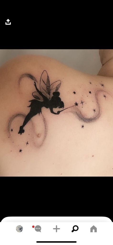 Flying Tinkerbell Tattoo, Tinkerbell Tattoos For Women, Think Happy Thoughts Tattoo, Thinker Bell Tattoo, Tinkerbell Tattoo Sassy, Pixie Dust Tattoo, Tinkerbell Tattoo Ideas, Fairytale Tattoos, Tattoo Tinkerbell