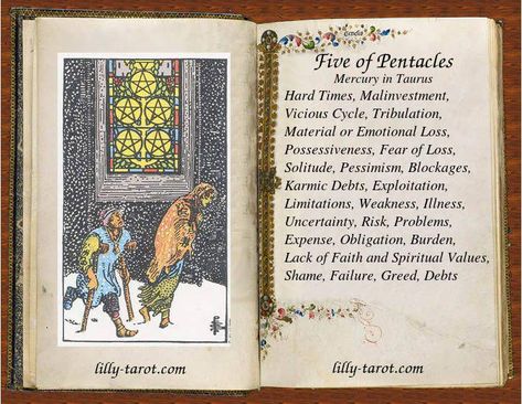 Meaning of Five of Pentacles #tarotcardsmeaning Pentacles Tarot Meaning, Five Of Pentacles, Tarot Suits, Tarot Guidance, Element Of Earth, Element Of Water, Divine Tarot, Learning Tarot, Tarot Interpretation