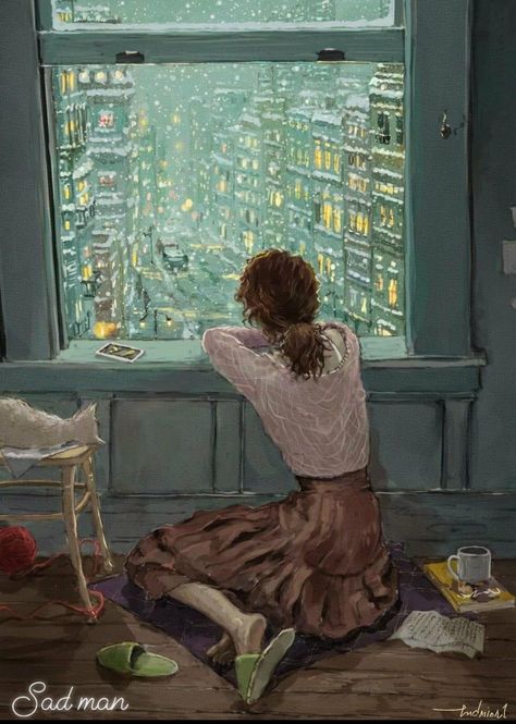 Missing You Art Paintings, Miss You Painting, Missing Illustration, Girl Looking Out Window, Cozy Poses, Comfort Art, Window Drawing, It's Snowing, Mosque Art