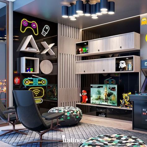 Small Gaming Room, Small Gaming Room Ideas, Gaming Room Ideas, Gamer Aesthetic, Aesthetic Gaming, Aesthetic Game, Boys Game Room, Gamer Design, Small Game Rooms