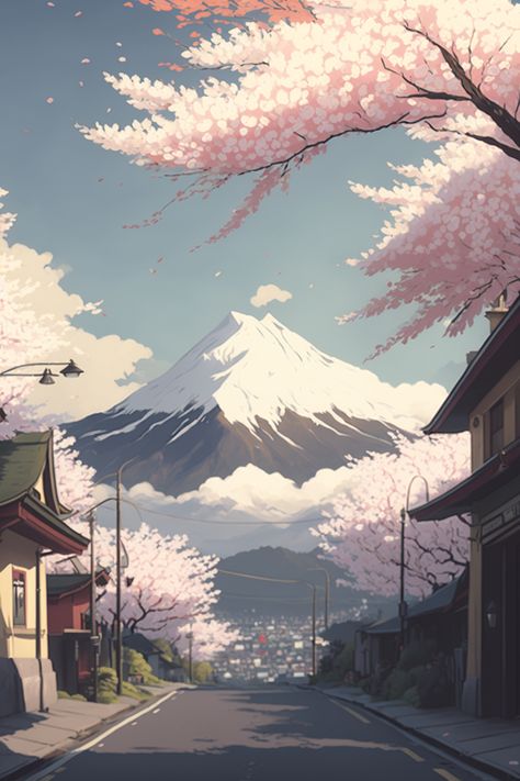 Digital Wallart, Print, Displate, Metal Poster, Room Decoration, Anime style, vibes A sleepy Japanese village during Sakura season with the majestic Fuji-San towering in the distance. Sakura Digital Art, Japanese Village Drawing, Fuji Mountain Wallpapers, Anime Village Wallpaper, Japanese Anime Scenery, Anime Village, Japanese Vibe, Countryside Wallpaper, Japanese Vibes