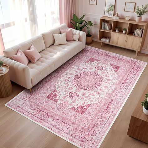 Amazon.com: Macgace 8x10 Washable Rugs for Living Room, Faux Wool Vintage Rug for Bedroom Dining Room, Low Pile Soft Boho Floor Covering Carpet Retro Distressed Medallion Mat Traditional Interiors, Pink : Home & Kitchen Pink Accent Living Room, Pop Of Color Rug, Pink Accents Living Room, Pink House Decor, Vday Decor, Pink Living Room Decor, Dorm Rugs, Pink Area Rugs, Boho Floor