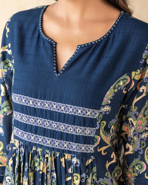 PERSIAN PAISLEY - New Arrivals! A modern paisley print in classic colors is offset with a dark blue curved yoke. Lace bands on the yoke are intertwined with colored thread and the neckline is edged with delicate beads and gudri. [ Cottons Jaipur, Cotton, New Arrivals, Paisley, Cotton kurtas, Handcrafted ] #cottons #cottonsjaipur #newarrivals #newcollection #everyday #paisley #paisleyart #essentials #dailyfits #comfort #cottonkurtas #breathablefabric #floral #kurta #dress #handcrated #soli... Cottons Jaipur, Persian Paisley, Modern Paisley, Paisley Art, Kurta Dress, Lace Bands, Cotton Suits, Paisley Print, Jaipur