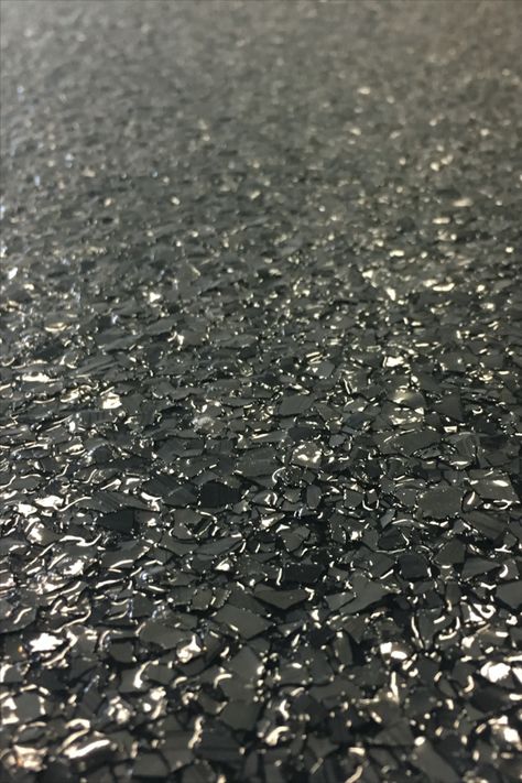 Create this stunning black epoxy flaked floor with an epoxy kit from Garage Epoxy! #garagegoals #garageepoxy #homerenovation Epoxy Flake Garage Floor, Black Epoxy Garage Floor, Black Epoxy Floor, Epoxy Concrete Floor, Epoxy Concrete, Decorative Concrete Floors, Basement Floors, Garage Epoxy, Office Warehouse