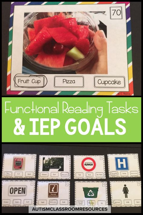 Using environmental print to navigate the world and interact with others is a critical life skill. Sometimes it's easy to get stuck on the IEP goals and how to write them effectively. This post talks about how to teach meaningful, practical and functional sight words to students with all types of disabilities. It also provides you with IEP goals that you can think about and modify as needed for your students. Finally it points you in the direction of ready-made resources yo... via @drchrisreeve Functional Literacy, Special Education Reading, Life Skills Curriculum, Life Skills Class, Reading Task Cards, Environmental Print, Life Skills Classroom, Sped Classroom, Teaching Life Skills