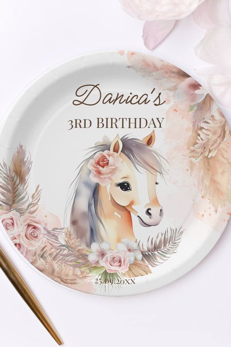 Horse themed birthday party supplies personalized paper plates cute baby horse pastel roses pampas Table Setting Ideas Birthday, Pony Themed Birthday Party, Horse Themed Birthday Party, Plates Cute, Horse Themed Party, Baby Horse, Pony Birthday Party, Simple Birthday Decorations, Horse Party