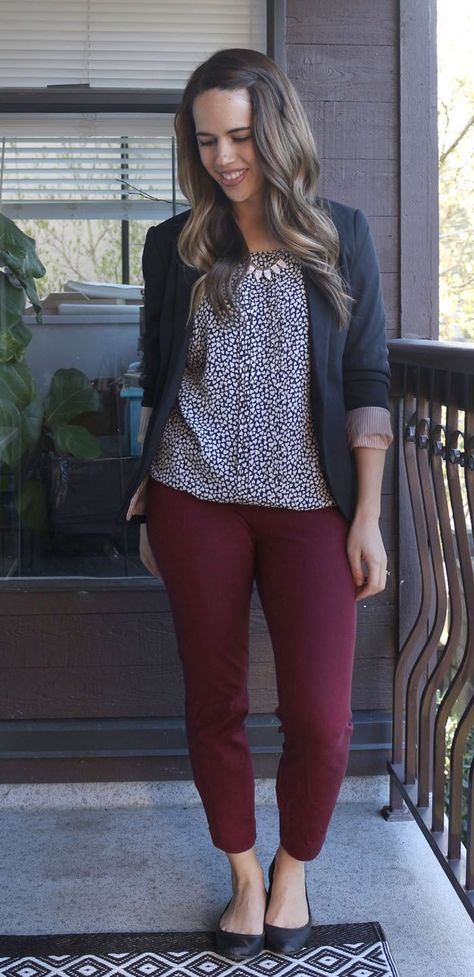 Jules in Flats April 2016 Outfits (heart print blouse) Colored Work Pants Outfit, Fall Outfit Ideas For Work, Maroon Dress Pants Outfit, Professional Comfortable Outfits, Outfits With Teal Pants, Outfits With Colored Jeans, Red Pants Winter Outfit, Fall Burgundy Outfit, Outfits With Maroon Pants