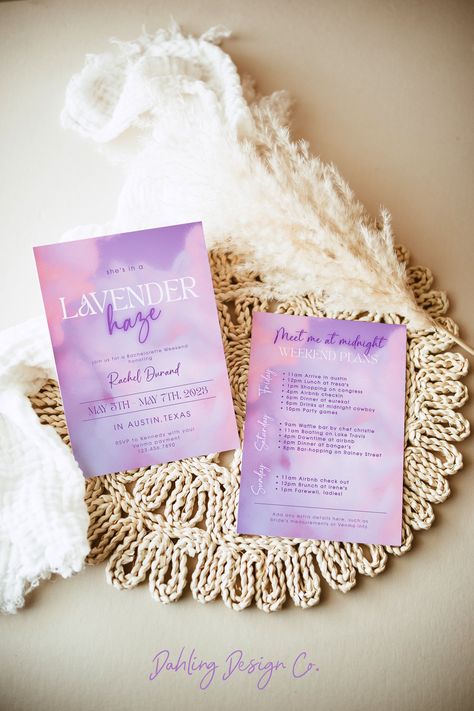 Lavender Haze Bachelorette Invitation and Itinerary Template, Purple and Pink Bachelorette Invite, Printable Weekend Itinerary. Perfect for a Swiftie Bach Party! Purple Theme Bachelorette Party, Lilac Bachelorette Party, Pink And Purple Bachelorette Party, Lavender Haze Bachelorette Party, Purple Bachelorette Theme, Lavender Haze Bachelorette, Lavender Haze Bridal Shower Ideas, Lavender Haze Party, Lavender Bachelorette Party