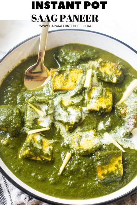 Saag paneer is traditionally made with cubes of paneer cooked in a sauce made of green leafy veggies. A delicious, comforting, vegetarian curry that is better than the restaurant version! #spinach #paneer #saag #instantpotpaneer #instantpotindian #saagpaneer Vegan Saag Paneer, Paneer Saag, Vegan Saag, Vegan Korma, Spinach Paneer, Spinach Puree, Creamy Curry, Saag Paneer, Indian Dinner