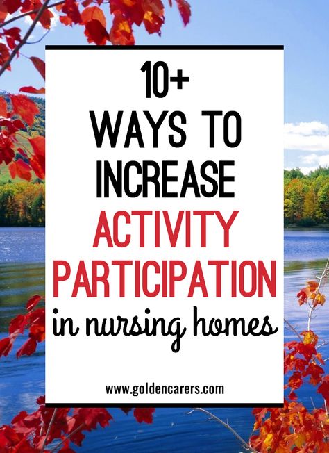 There is hardly anything more rewarding for activity coordinators than an increase in resident participation. Weeks of hard work are paid off!  It is even more gratifying to see a resident who repeatedly declines to join activities walk into the recreation area for a concert, game or to participate in a trivia or discussion group. Here are a few tips that may help improve participation rates at your facility. Some you may be using already, others you may not have tried for a while. Group Games For Seniors, Games For Seniors Nursing Homes, Games For Seniors, Assisted Living Activities, Senior Citizen Activities, Memory Care Activities, Senior Living Activities, Nursing Home Activities, Therapeutic Recreation