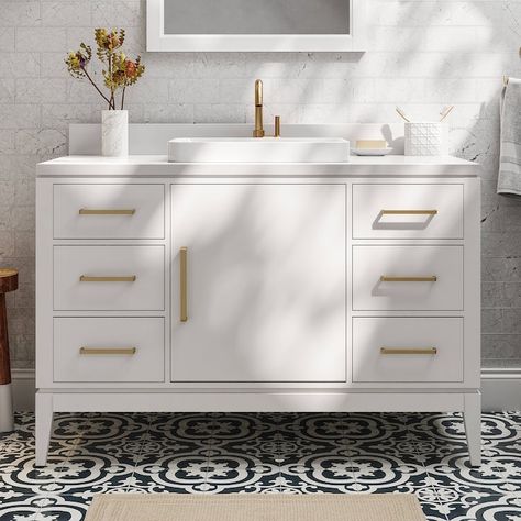 allen + roth Greer 48-in White Semi-recessed Single Sink Bathroom Vanity with White Engineered Stone Top in the Bathroom Vanities with Tops department at Lowes.com Bathroom 48 Inch Vanity Ideas, Bathroom Vanity 48 Inch Single Sink, 48 Inch Bathroom Vanity Single Sink White, Bathroom Vanity Ideas Single Sink, Bathroom Vanity Ideas 48 Inch, White Bathroom Vanity Gold Hardware, Semi Recessed Bathroom Sink, 60 Inch Bathroom Vanity Single Sink, White Vanity Gold Hardware