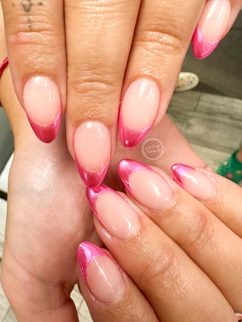 Pink Chrome French Tip, Pink Chrome French Tip Nails, Pink Chrome French, Hot Pink Chrome, Chrome French Tip Nails, Chrome French Tip, Chrome French, Teen Nails, Hoco Nails