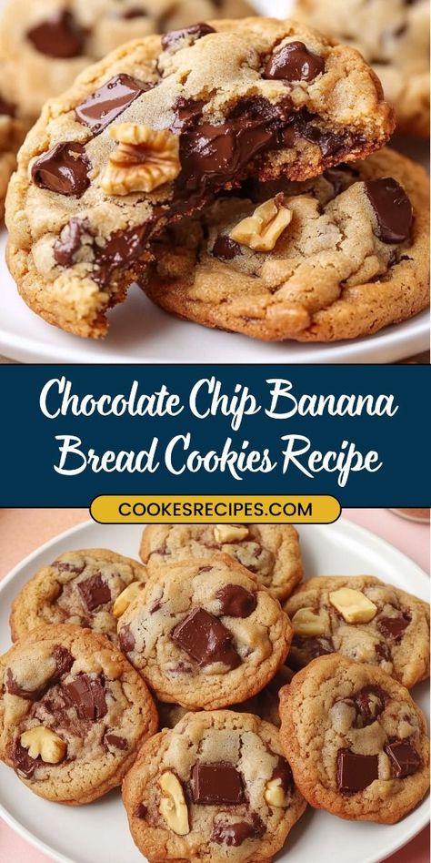 Cookies With Ripe Bananas, Banana Walnut Chocolate Chip Bread, Peanut Butter Oatmeal Banana Chocolate Chip Cookies, Banana Bread Chocolate Chip Cookies, Toddler Cookies Recipes, Chocolate Chip Walnut Banana Bread, Banana Bread Cookies Recipe, Chocolate Chip Banana Cookies, Cake Mix Chocolate Chip Cookies