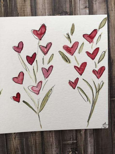 Cards Drawing Ideas, Valentine Card Handmade, Hand Drawn Christmas Cards, Cards Drawing, Valentines Day Drawing, Valentines Watercolor, Valentine Cards Handmade, Card Watercolor, Heart Painting