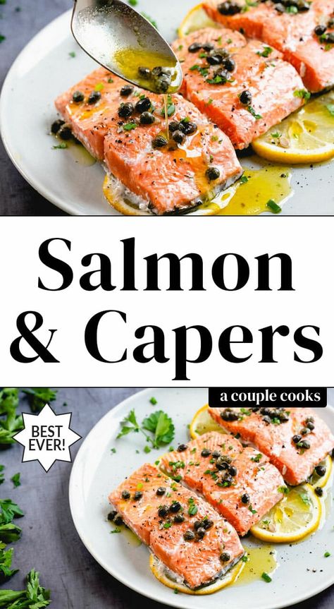 This salmon with capers is oven baked in foil until it's perfectly tender, then topped with a delicious garlic butter sauce. An easy healthy dinner recipe! #salmonwithcapers #bakedsalmon #ovenbakedsalmon #salmonrecipe #healthydinner #healthyrecipe #healthydinnerrecipe #mediterraneandiet #mediterraneanrecipe Salmon With Capers Recipe, Salmon With Capers, Salmon Capers, Salmon Recipes Oven, Capers Recipe, Salmon Recipes Baked Healthy, Recipe Salmon, Oven Baked Salmon, Healthy Dinner Recipe