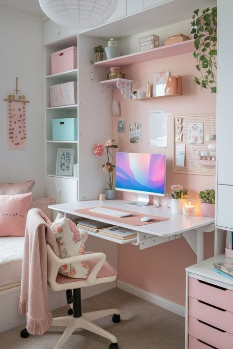 Girly gaming desk setup with LED lights and functional decor. Small Gaming Desk Setup, Small Gaming Desk, Gaming Setup Bedroom, Bedroom Workspace, Gaming Desk Setup, Dream Bedroom Inspiration, Space Saving Desk, Dream Desk, Girly Decor