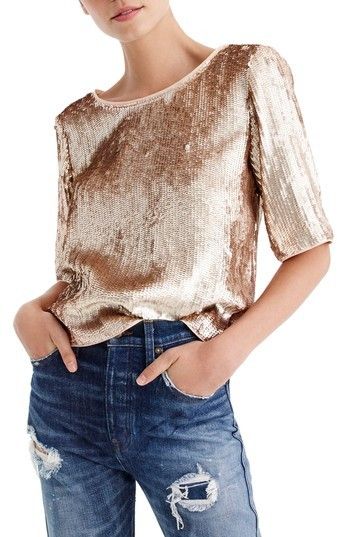 Women's J.crew Rose Gold Sequin Crop Top. Love the sequin trend. #ad #jcrew Rose Gold Sequin Top, Gold Sequin Crop Top, J Crew Outfits, Gold Sequin Shorts, Gold Sequin Top, Sequined Top, Rose Gold Sequin, Sequin Crop Top, Holiday Party Outfit