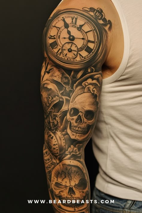 Looking for powerful men’s tattoo ideas? This striking full-sleeve design combines intricate skulls and a detailed pocket watch for a timeless, edgy look. Perfect for guys seeking bold, masculine ink, this tattoo for men symbolizes the passage of time and life’s fleeting moments. Ideal for those searching for sleeve tattoos or tattoos for guys with deep meaning, this design is sure to inspire your next tattoo session. Save it for your tattoo artist or to your collection of men's tattoo ideas now Mens Tattoo Ideas Upper Arm, Men Inner Arm Tattoo Ideas, Tattoo Ideas For Men Full Sleeves, Be Someone Tattoo, Time Piece Tattoo For Men, Best Arm Sleeve Tattoos For Men, Tattoo Ideas For Men Upper Arm, Upper Sleeve Tattoos For Guys, Half Sleeve Tattoos For Guys Upper Arm