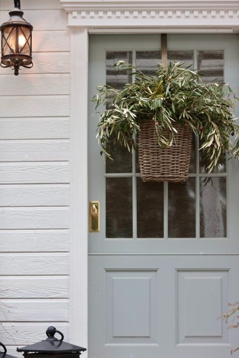 The Perfect Gray Blue Color for beautiful front doors - French Country Cottage Hanging Basket Decor, Door Baskets, Front Door Baskets, Cottage Front Doors, Beautiful Front Doors, Dutch Door, Front Door Colors, French Country Cottage, Vintage Door