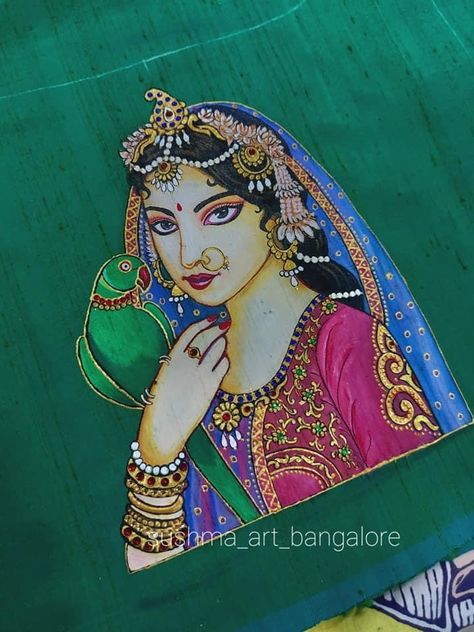 Thanjavur Painting On Fabric, Tanjore Painting On Dresses, Tanjore Fabric Painting, Tanjore Painting On Blouses, Tanjore Painting On Fabric, Painting On Blouse, Hand Painted Blouse, Painting Blouses, Painted Blouse