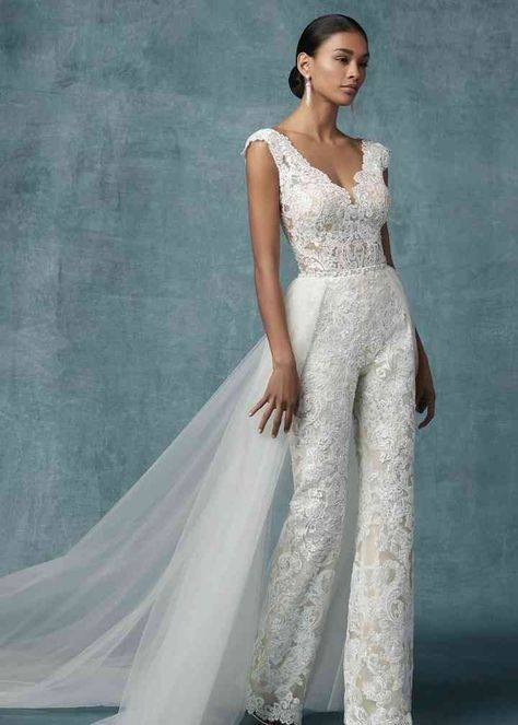 Where can I get a jump on this beautiful jumpsuit?!?! Ceremony or Afterparty? Jumpsuit Wedding Dress, Wedding Dress Jumpsuit, White Wedding Gown, Wedding Pants, Graduation Party Dresses, Maggie Sottero Wedding Dresses, Detachable Train, Bridal Jumpsuit, Women Bride