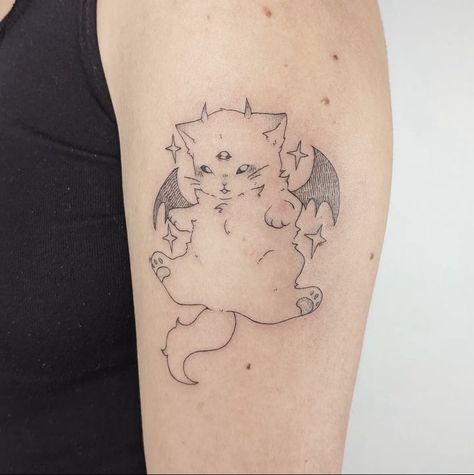 Cat Tatoos Aesthetic, Aesthetic Cat Tattoo Ideas, Cat Bicep Tattoo, Cat With Fairy Wings Tattoo, Fairy Cat Tattoo Drawing, Studio Ghibli Cat Tattoo, Pixie Tattoo, Kitten Tattoo, Fantasy Tattoos