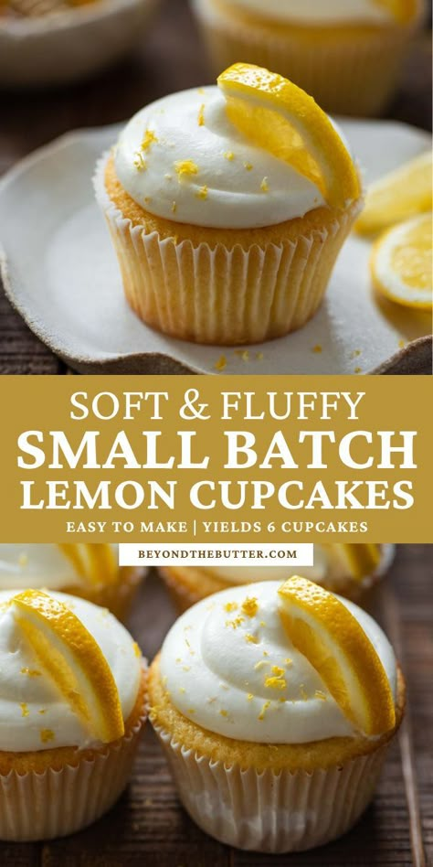 This easy-to-make Small Batch Lemon Cupcakes recipe gives you 6 soft and fluffy cupcakes topped with a whipped lemon cream cheese frosting. Flavored with fresh lemon zest, lemon juice, and a little honey, these cupcakes are incredibly delicious! Recipe on BeyondtheButter.com | #lemoncupcakes #smallbatchlemoncupcakes #beyondthebutter #cupcakes #smallbatchdesserts #lemondesserts Small Batch Cupcakes, Gooey Desserts, Lemon Blueberry Cupcakes, Lemon Cupcake Recipe, Lemon Cupcake, Lemon Treats, Cupcakes Fondant, Lemon Cream Cheese Frosting, Small Batch Baking