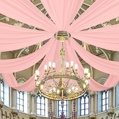 PRICES MAY VARY. 🌺Chiffon Ceiling Drapes: The package include 6 panels dusty rose wedding ceiling drapes (without hanging pieces). Each wedding long curtain measure for 5 feet width x 20 feet length. The sufficient quantity can meet your demands for decorating your weddings, parties, receptions. It will help to create a delicate and aesthetic sense to your wedding ceiling decoration. 🌺Romantic Sheer Arch Drapes: The wedding ceiling curtains are finished with firm and exquisite stitching in all Ceiling Decor Bedroom, Bridgerton Decor, Elegant Pink Draped Sets, Pink Traditional Drape Sets For Wedding, Pink And White Ceiling Balloons, Pink Flowers Hanging From Ceiling, Pink Tent Draping, Wedding Ceiling Decorations, Draping Wedding