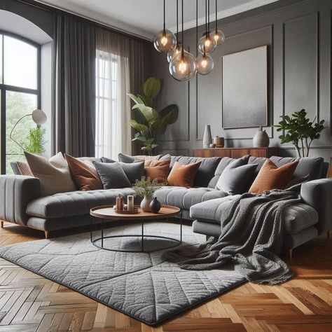 Grey and Brown Living Room Comfy Sectional Sofa Dark Grey Family Room, Grey And Brown Interior Design, Gray And Natural Wood Living Room, Lounge Grey Sofa, Gray Couch Color Scheme, Cognac And Gray Living Room, Gray Wood Floors Living Room, Gray Couch Decor Ideas, Grey Color Palette Living Room