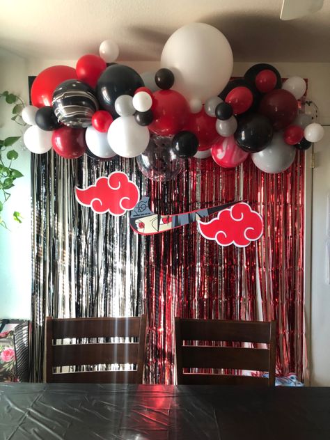 Naruto, itachi, backdrop balloons Anime Themed Decorations, Anime Theme Decoration, Anime Themed Birthday Party Decor, Naruto Goodie Bags, Akatsuki Party Ideas, Anime Theme Party Decorations, Naruto Birthday Decoration, Naruto Themed Birthday Party Decorations, Itachi Birthday Party Ideas