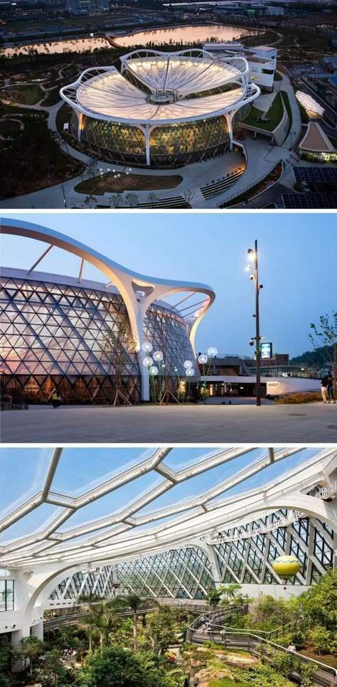 Nature Building Design, Concave Roof Architecture, Floral Architecture Design, Botanical Museum Architecture, Botanic Garden Architecture, Flower Shaped Building, Seoul Botanical Garden, Flower Inspired Architecture, Flower Building Architecture